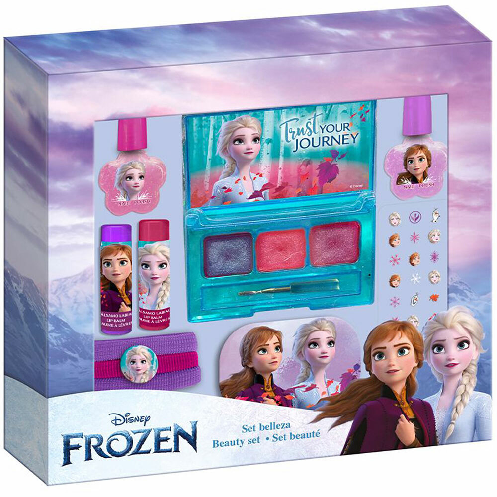 DISNEY Frozen Beauty 3 x lesk na pery  2 x balzam na pery  2 x lak na nechty  pilník na nechty  nálepky na nechty  3 x gumička Darčekové balenie